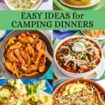 A collage of six easy camping meals with a green text box added into the collage.