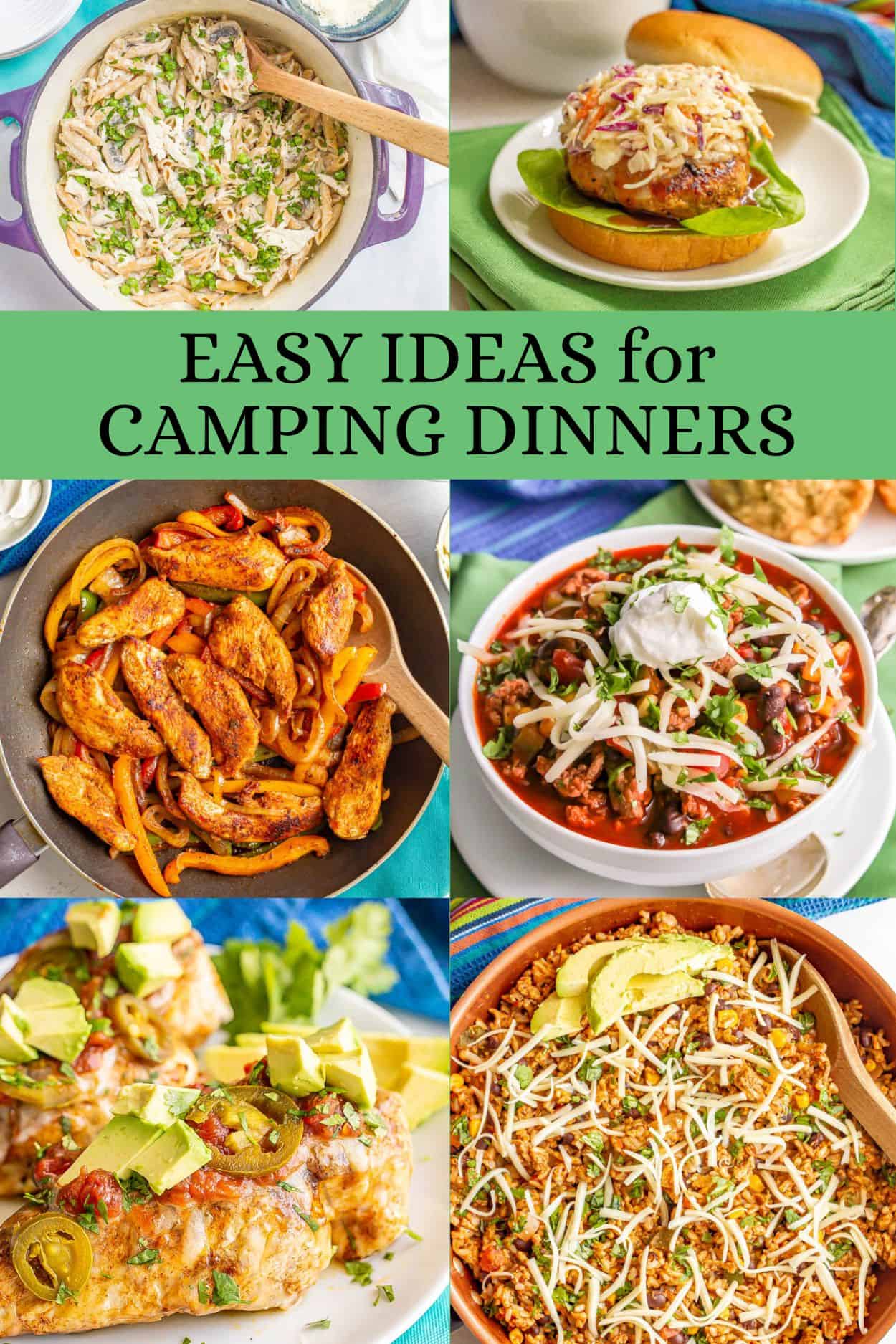A collage of six easy camping meals with a green text box added into the collage.