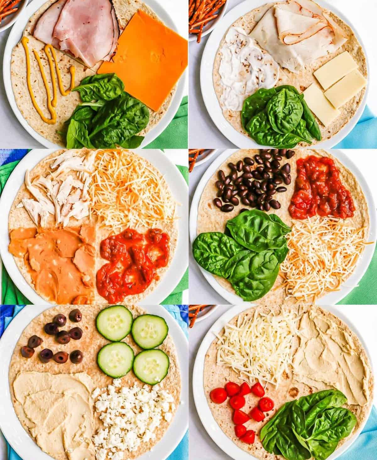 A collage of six different plates of tortillas with a variety of fillings before being folded up to eat.