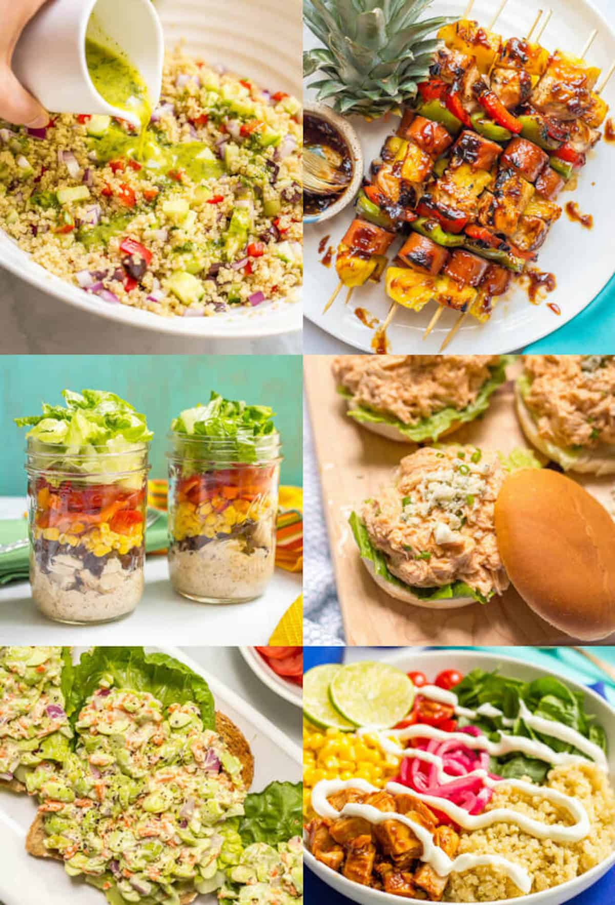 A collage of 6 healthy summertime recipes for easy dinners at the pool.