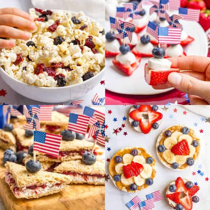 A collage of four red white and blue July 4th appetizers.