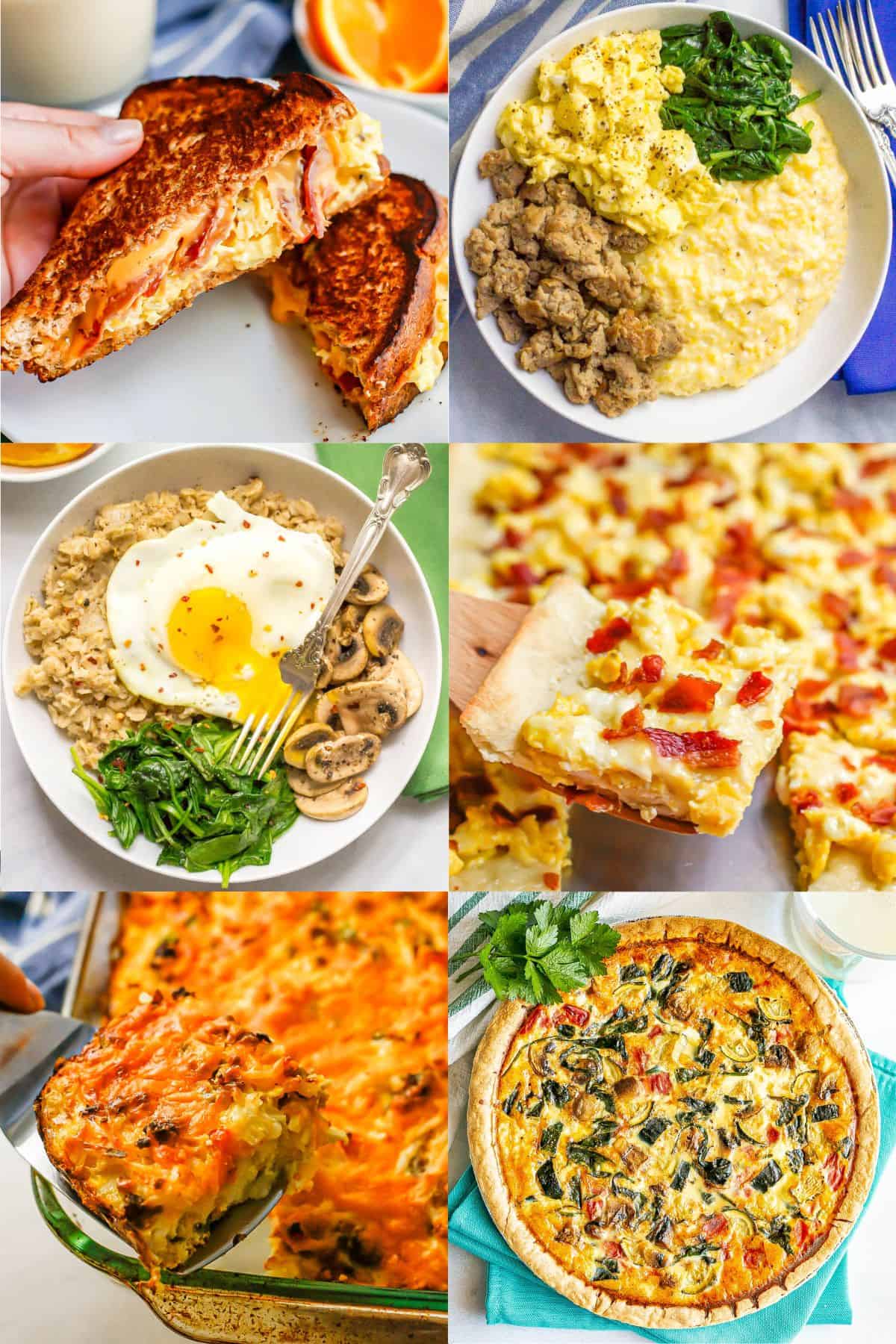 A collage of six different breakfast for dinner recipes, including a sandwich, oatmeal bowl, casserole, frittata, breakfast pizza and savory grits bowl.