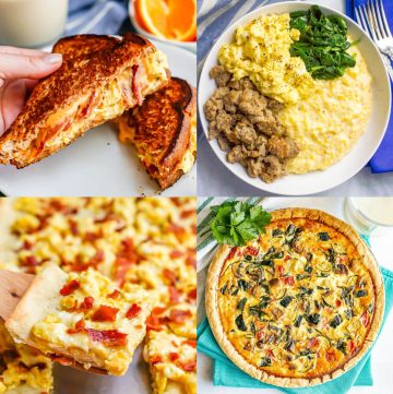 A collage of four breakfast for dinner photos, including a sandwich, grits bowl, frittata and breakfast pizza.