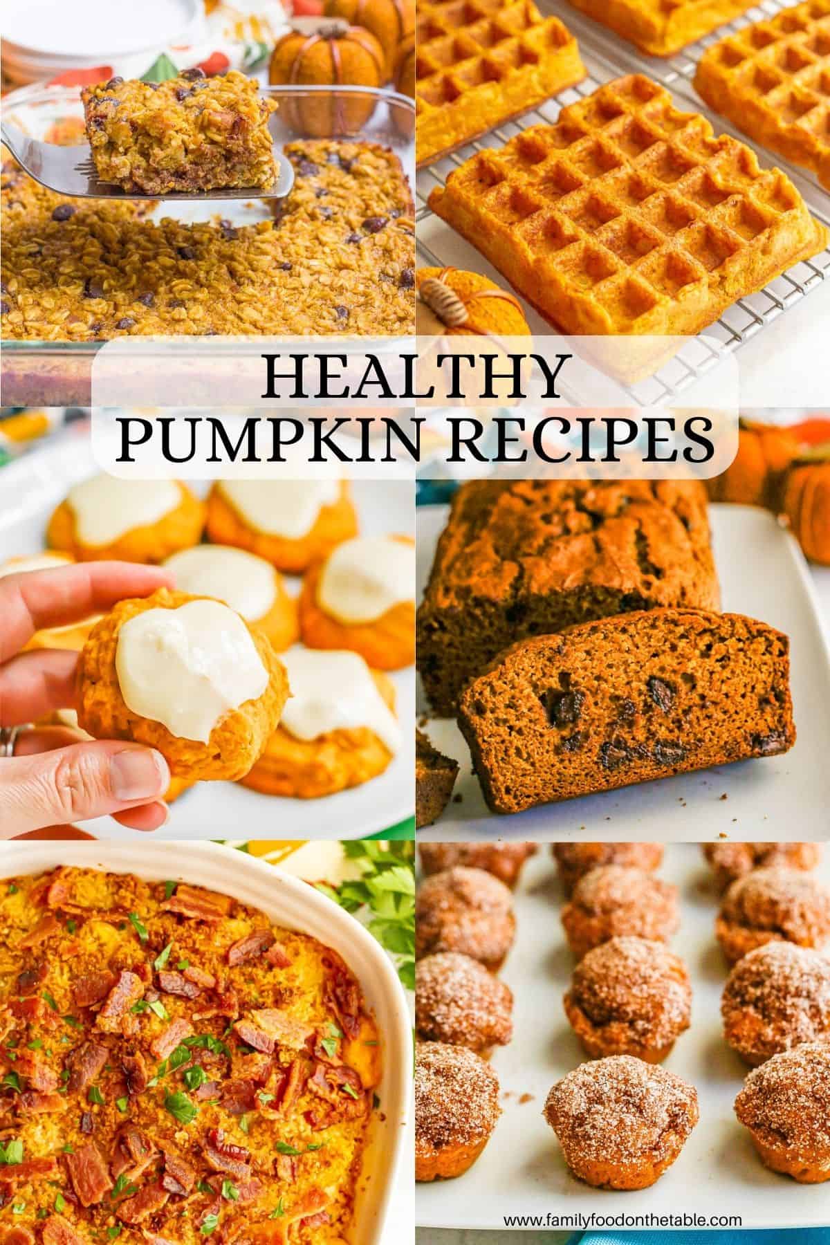 A collage of six photos featuring pumpkin recipes with a text overlay in the middle.