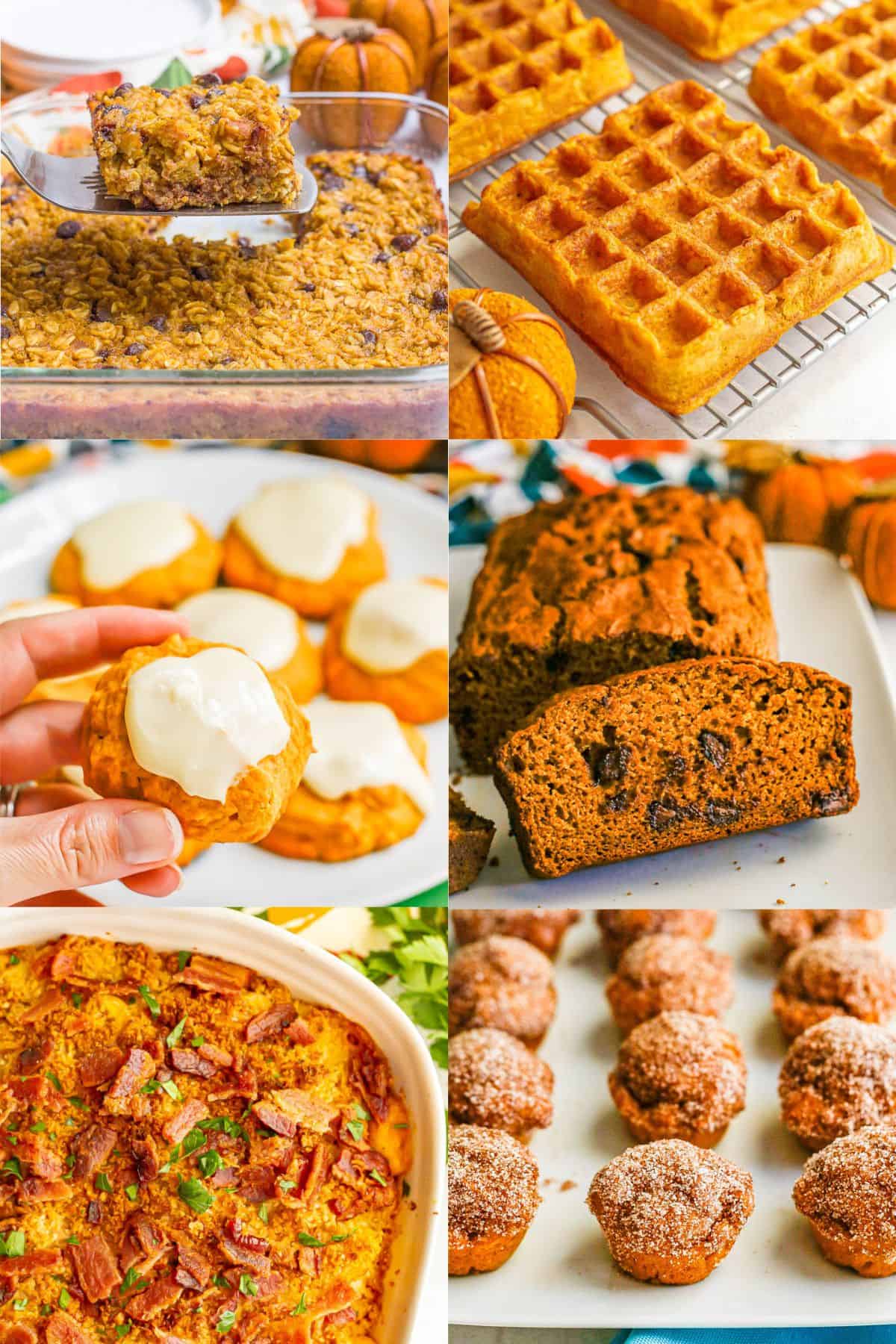 A collage of six photos featuring pumpkin recipes.