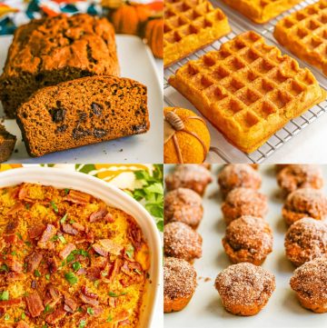 A square collage of four photos of healthy pumpkin recipes.