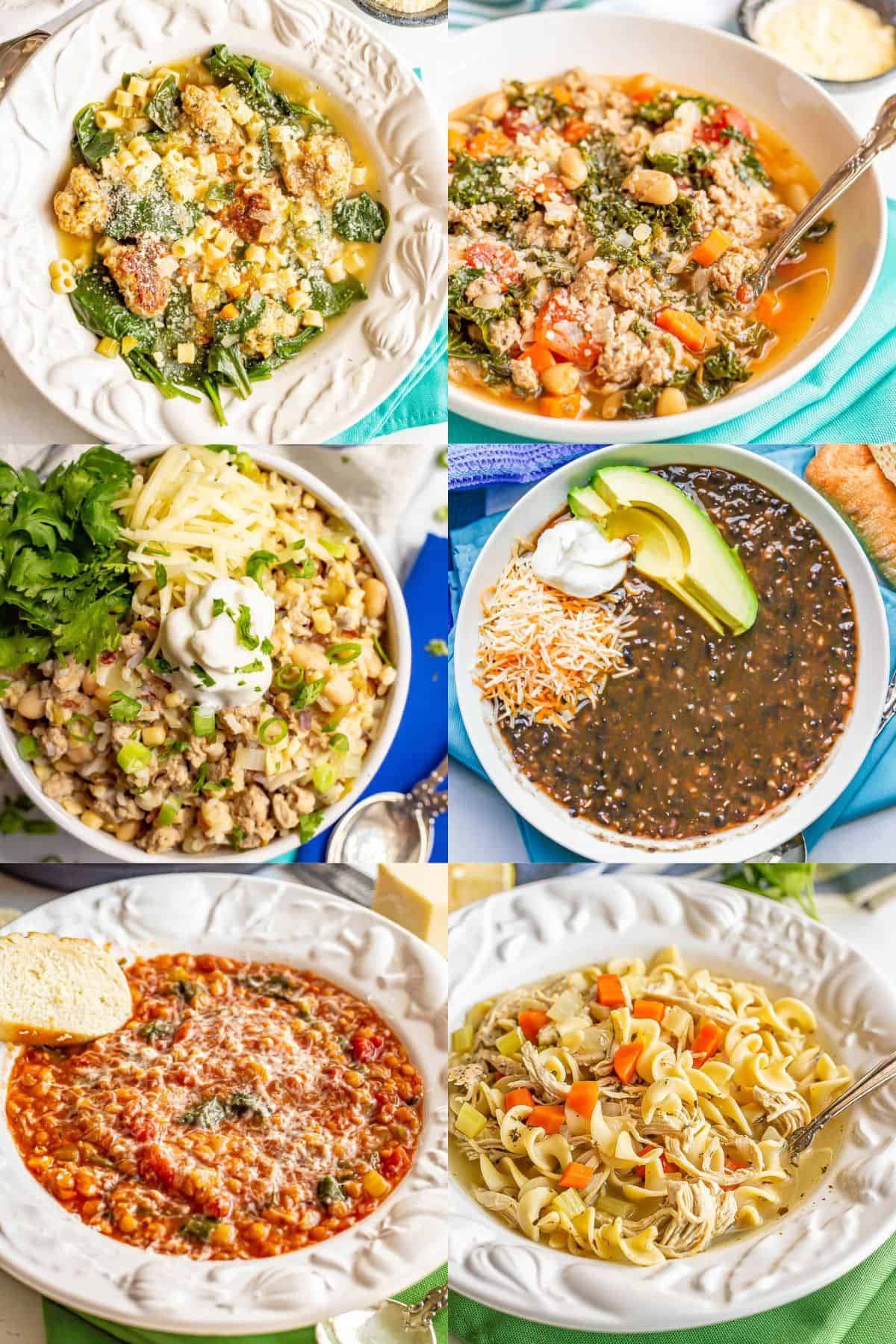 A collage of six different healthy soup recipes, including chili, chicken noodle, black bean and lentil soups.