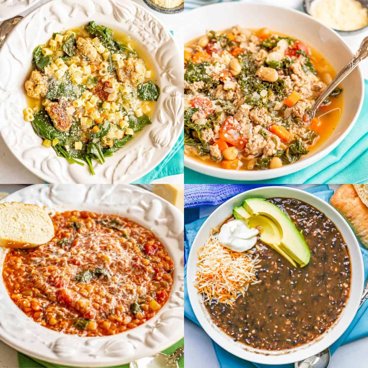 A collage of 4 different healthy soup recipes.