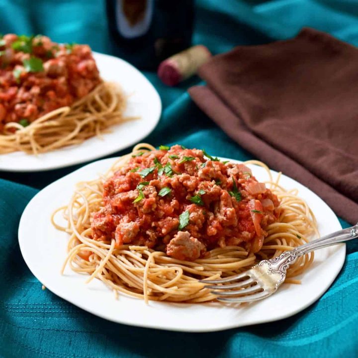 A small white plate piled with spaghetti noodles topped with a ground turkey mixture in a homemade spaghetti sauce.