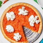 A sweet potato pie served on a white plate with whipped cream on top and a text overlay on the photo.