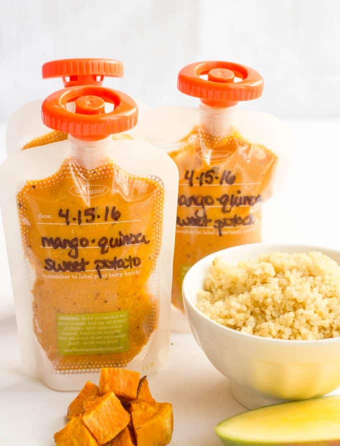 Baby food pouches with mango, quinoa and sweet potato mixes.