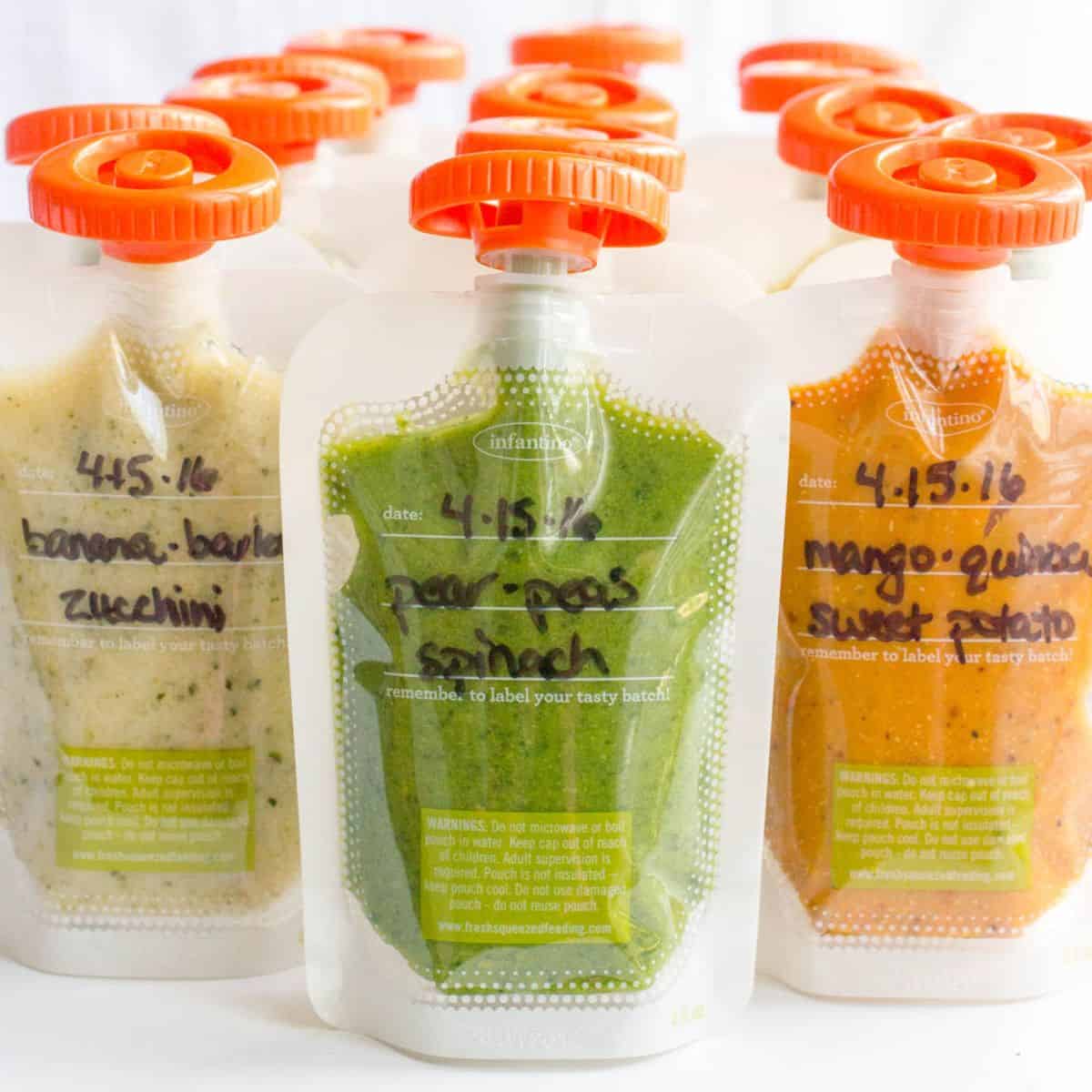 Close up of homemade baby food squeeze pouches with the names of the different combinations written on the front.