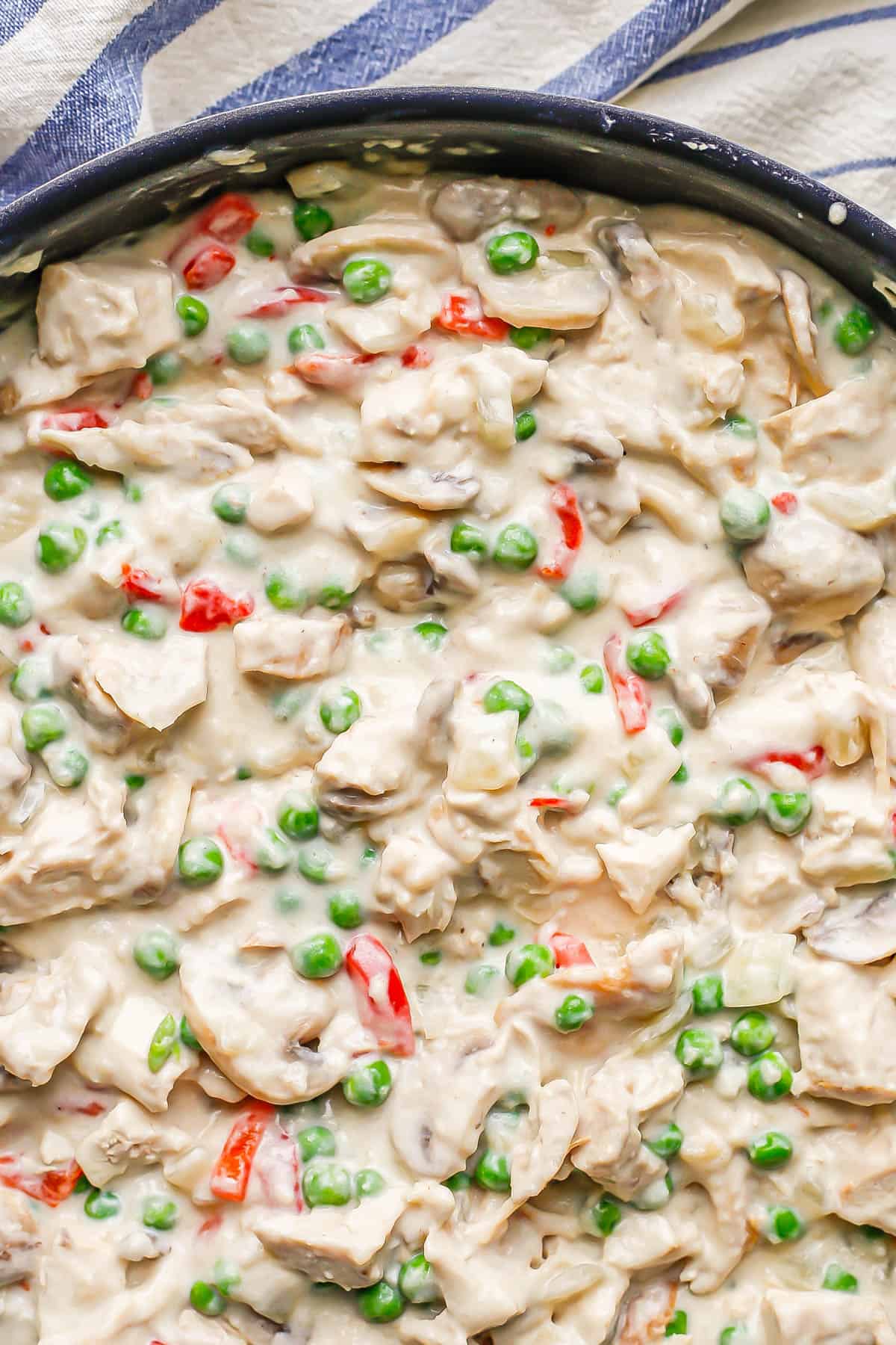 Close up of chicken a la King in a large dark skillet.