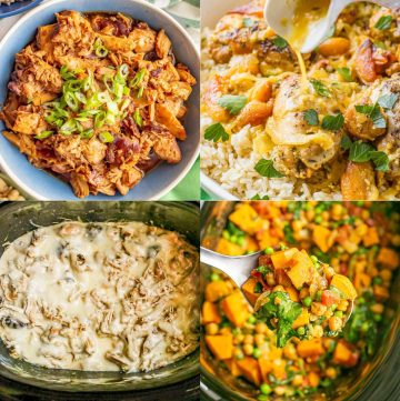 A collage of 4 healthy slow cooker chicken recipes.