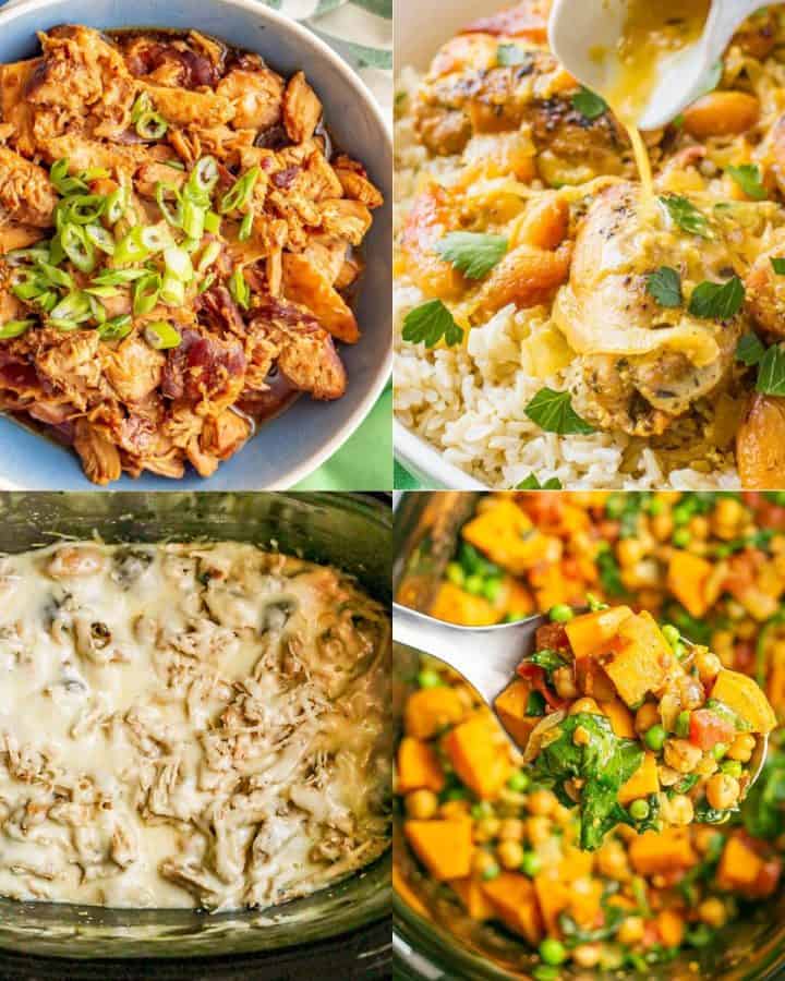 A collage of 4 healthy slow cooker chicken recipes.