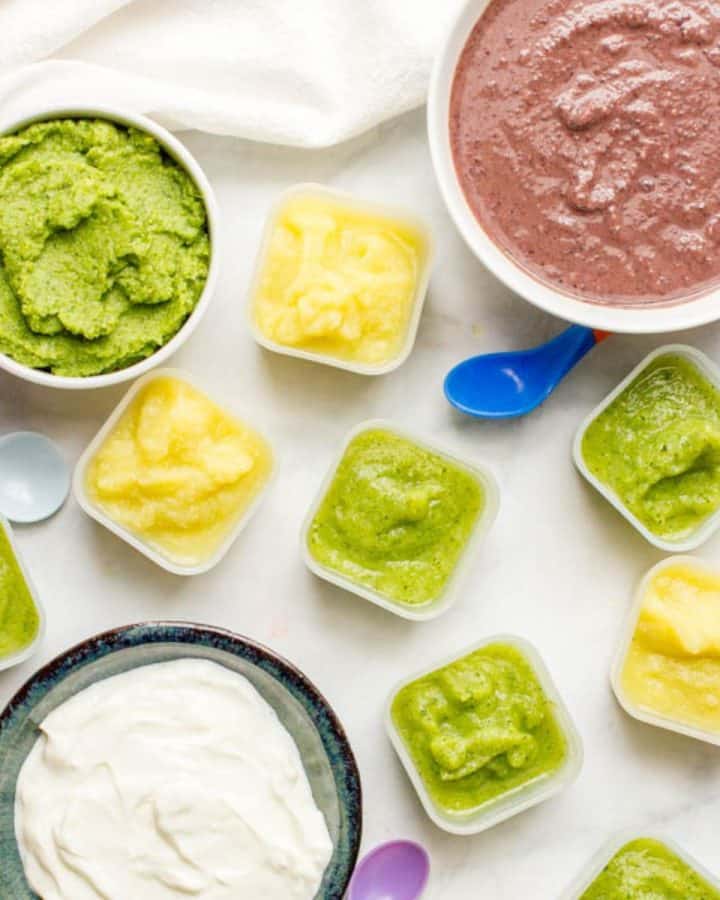 Homemade baby food purees including broccoli, zucchini, squash, black beans and yogurt in a variety of bowls and small containers.