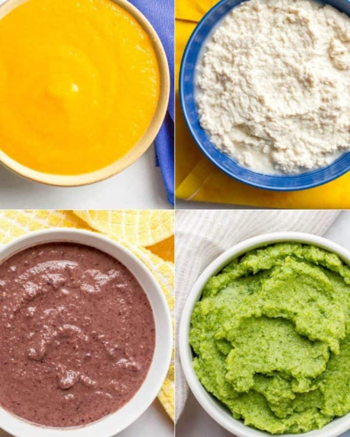 A collage of four different homemade baby food purees.