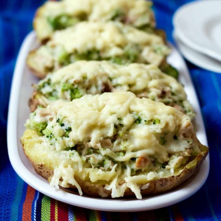 Stuffed baked potatoes with chicken and broccoli and a melted white cheddar cheese topping served on a long white dish.