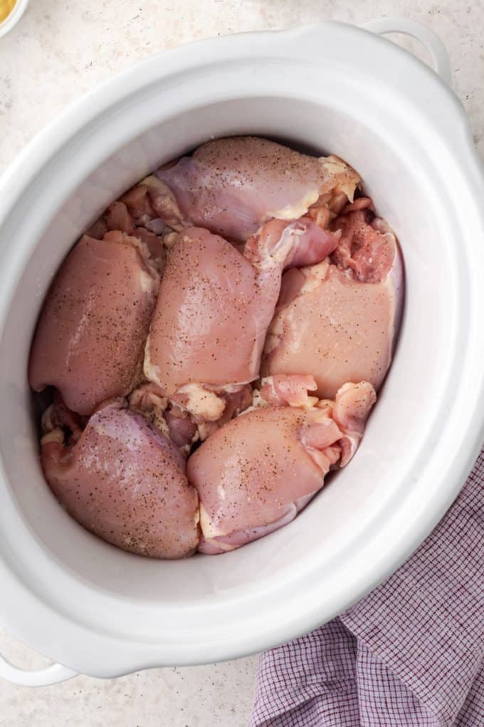 Seasoned chicken thighs nestled into a white slow cooker.