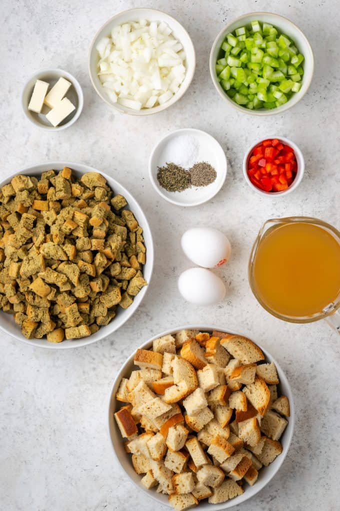 Ingredients laid out in separate bowls for Thanksgiving dressing.