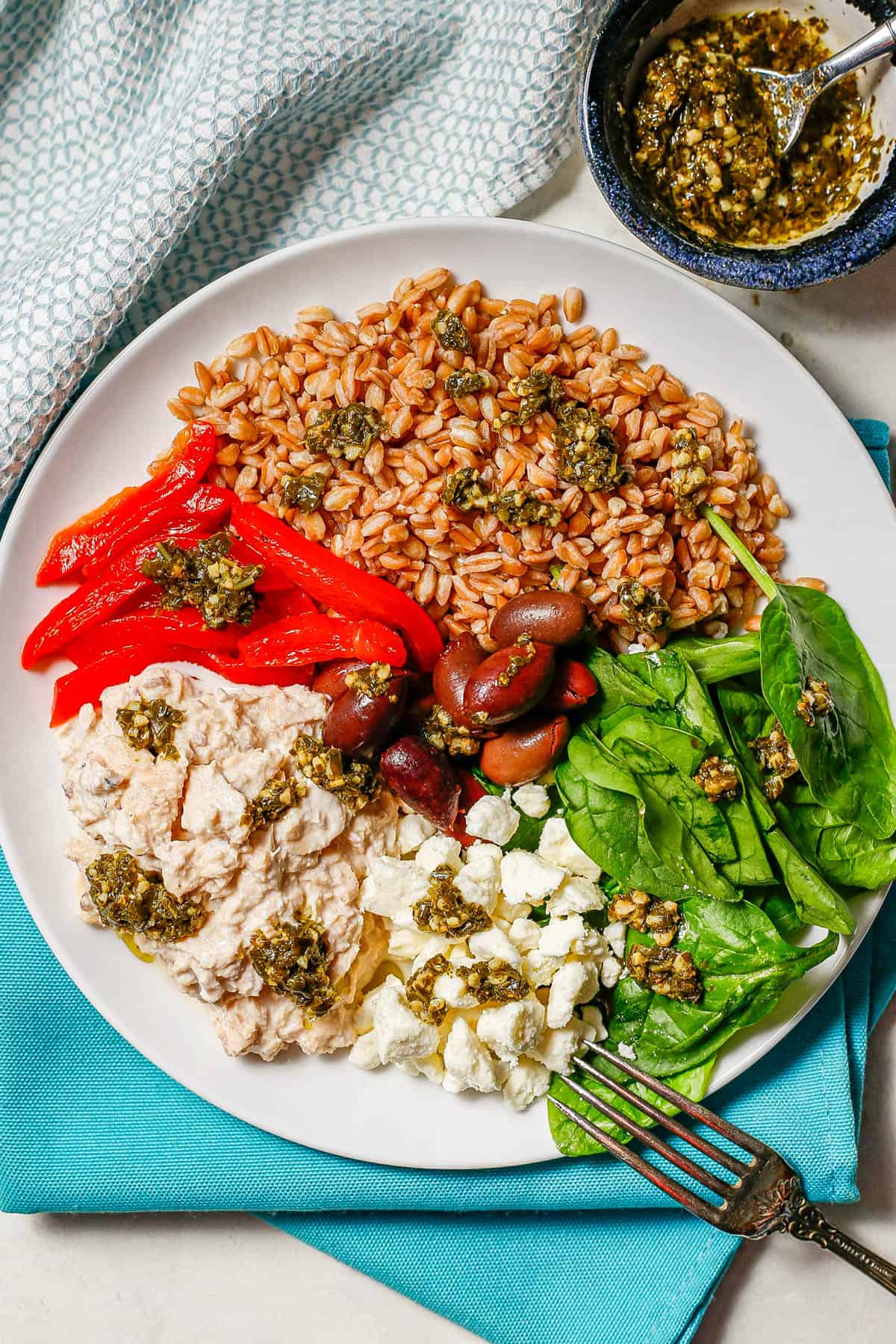 An arranged salmon grain bowl with veggies, feta and olives and a drizzle of pesto over everything.