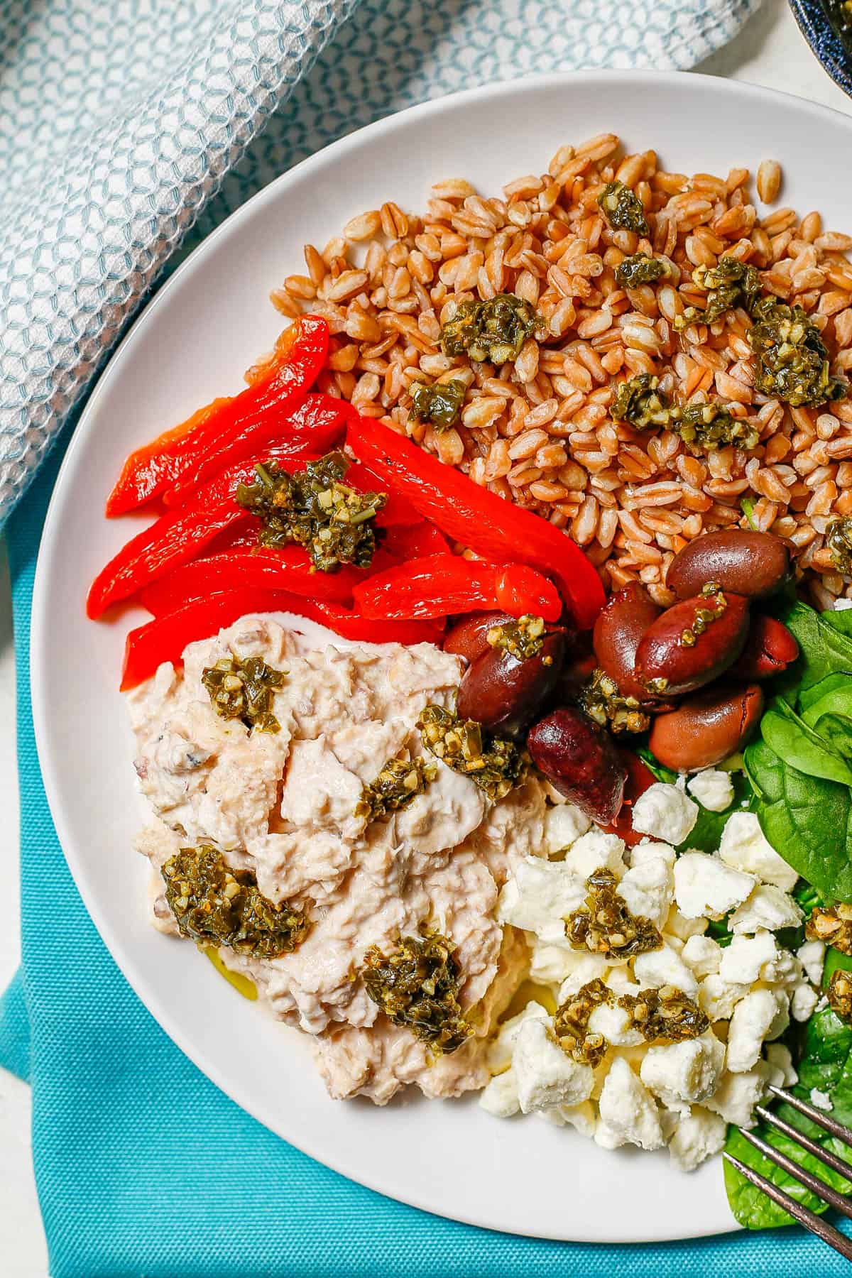 Close up of a Mediterranean salmon grain bowl with feta cheese, olives and pesto.