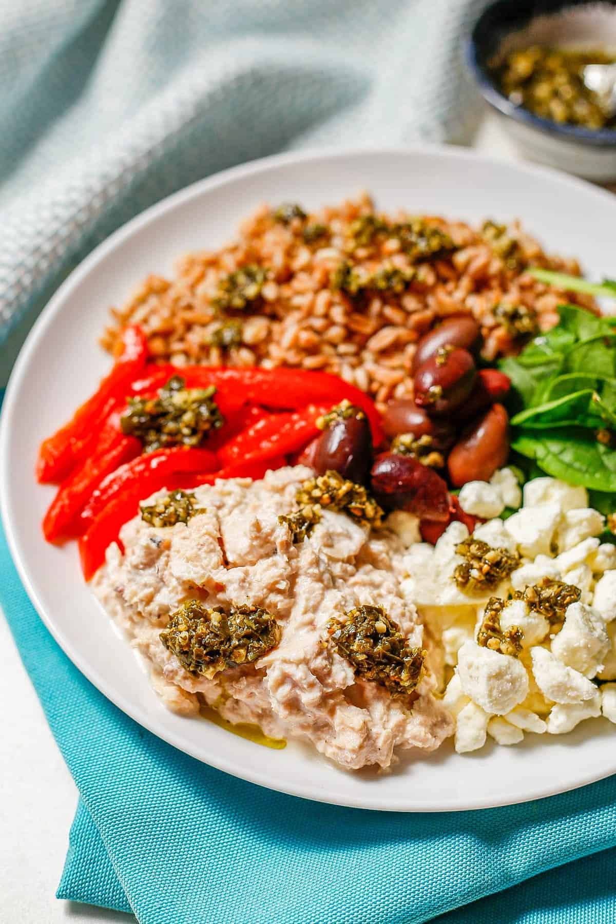 Close up of a creamy canned salmon mixture served alongside a Mediterranean grain bowl arranged on a white plate.