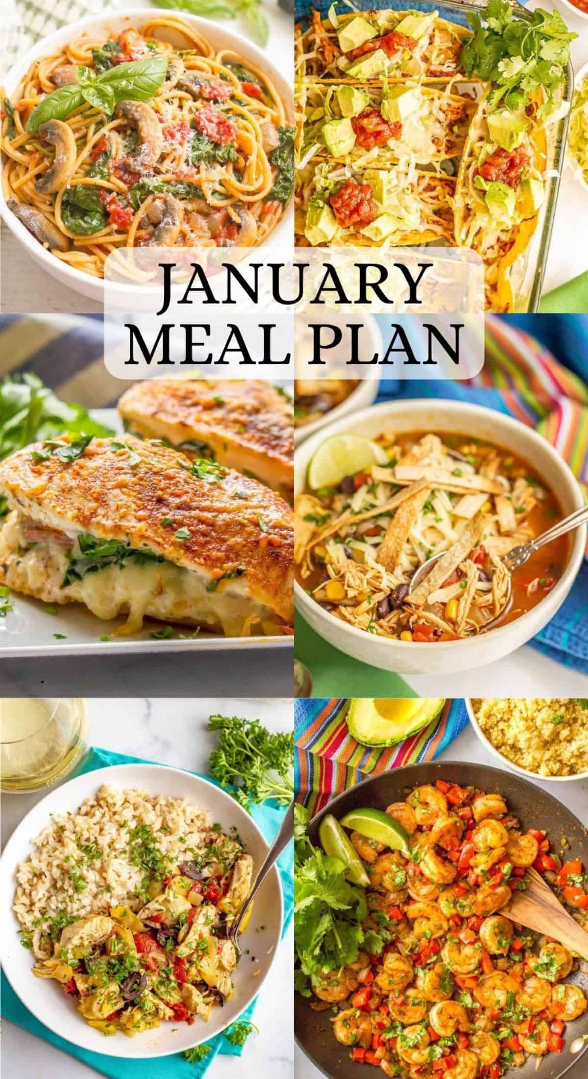 A collage of six different dinners with January meal plan written in text as an overlay.