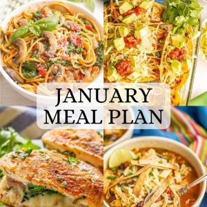 A collage of four different dinners with January meal plan written in text as an overlay.