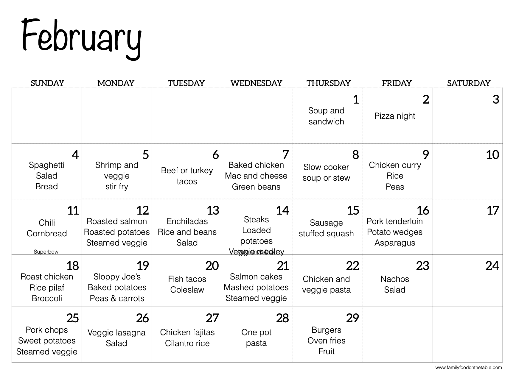 A February calendar with meal ideas for each night of the week typed in.