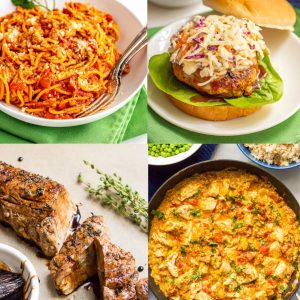 A square collage of 4 different dinner ideas.