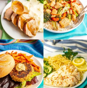A collage of four different family dinner ideas, including pork tenderloin, a stir fry, baked fish and a veggie burger.
