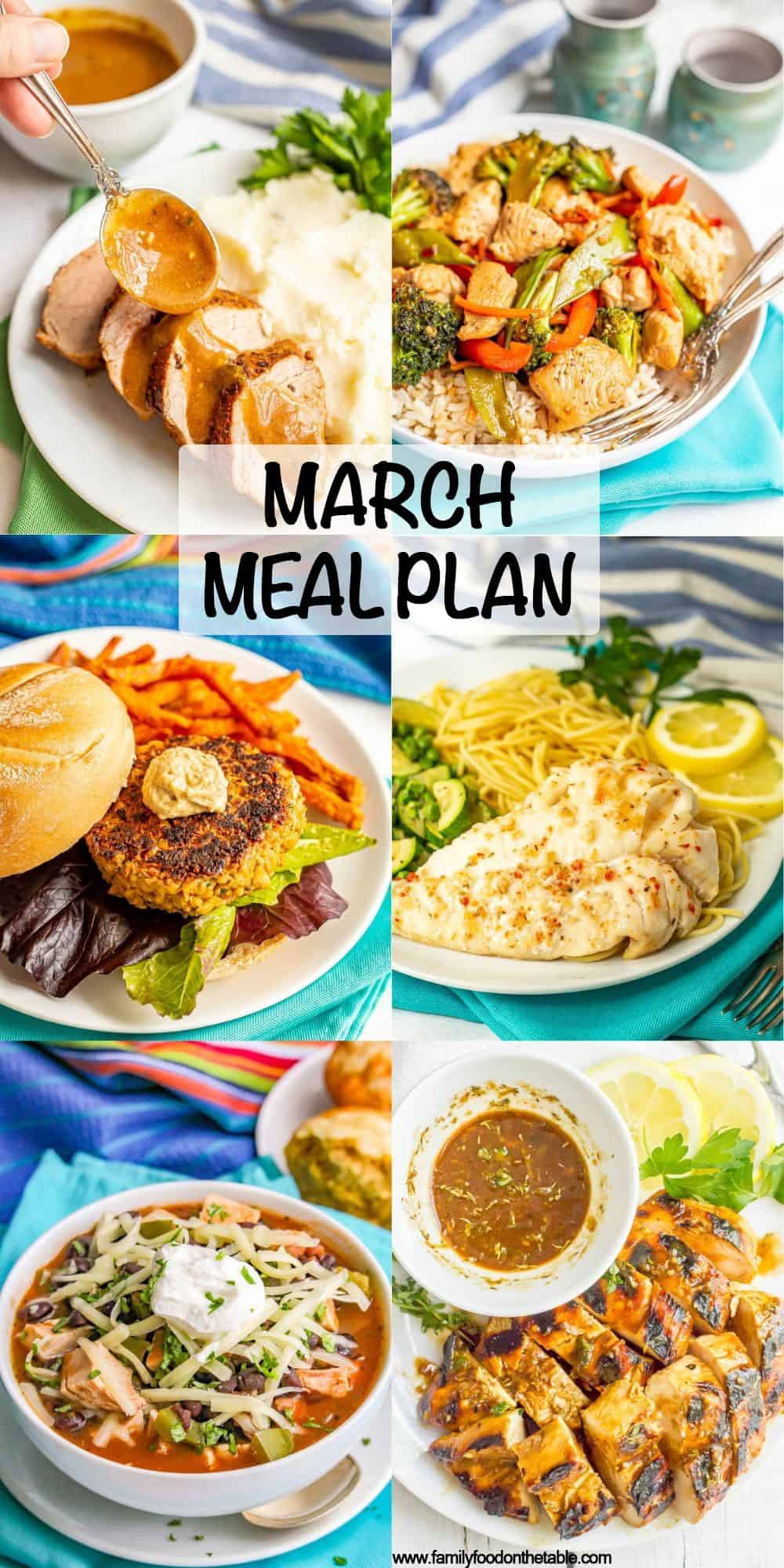 A collage of six different dinner ideas for a meal plan with a text overlay on the collage.