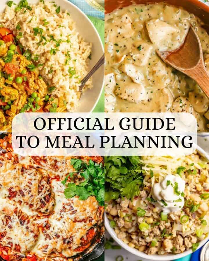 A collage of 4 different dinner photos with a text overlay in the middle about meal planning.