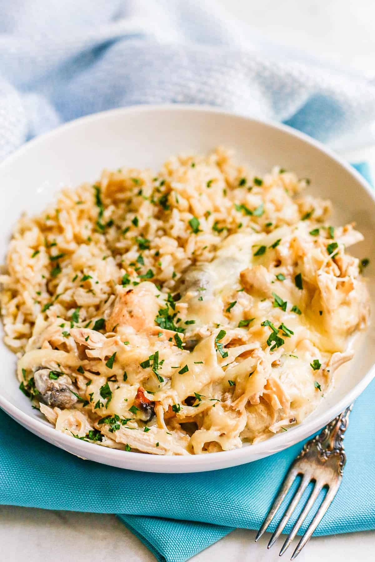 A white low dinner bowl with steamed brown rice topped with a cream cheese chicken mixture.