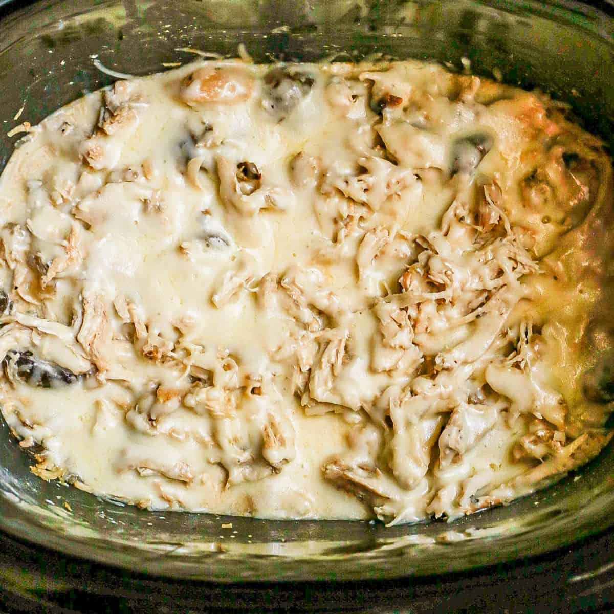 Close up of shredded cheesy cream cheese chicken in a slow cooker insert.