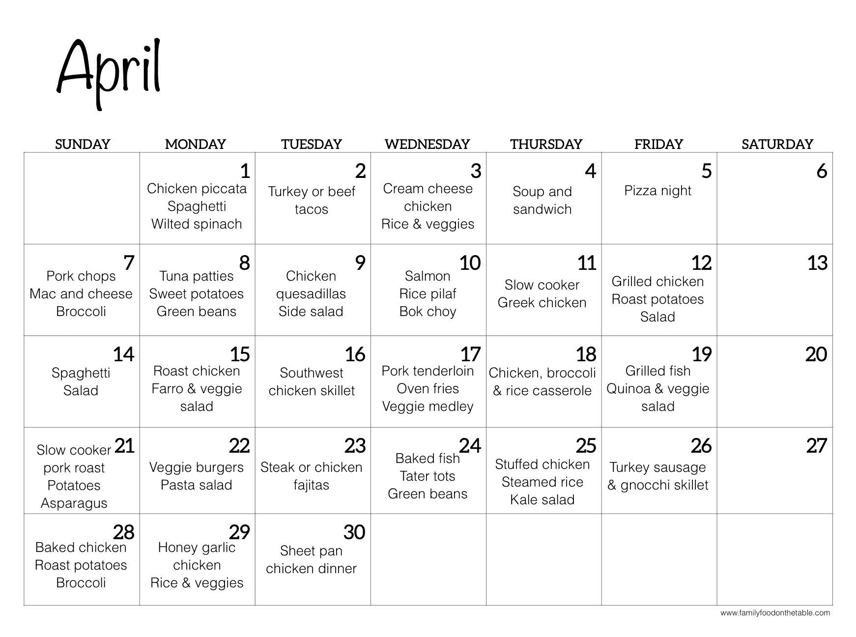April 2024 calendar with dinner ideas entered in for each night of the week.