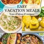 A collage of six different vacation meals with a text box on top.