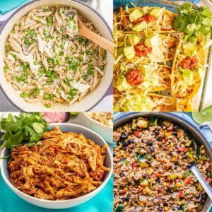 A collage of 4 easy vacation meals photos.