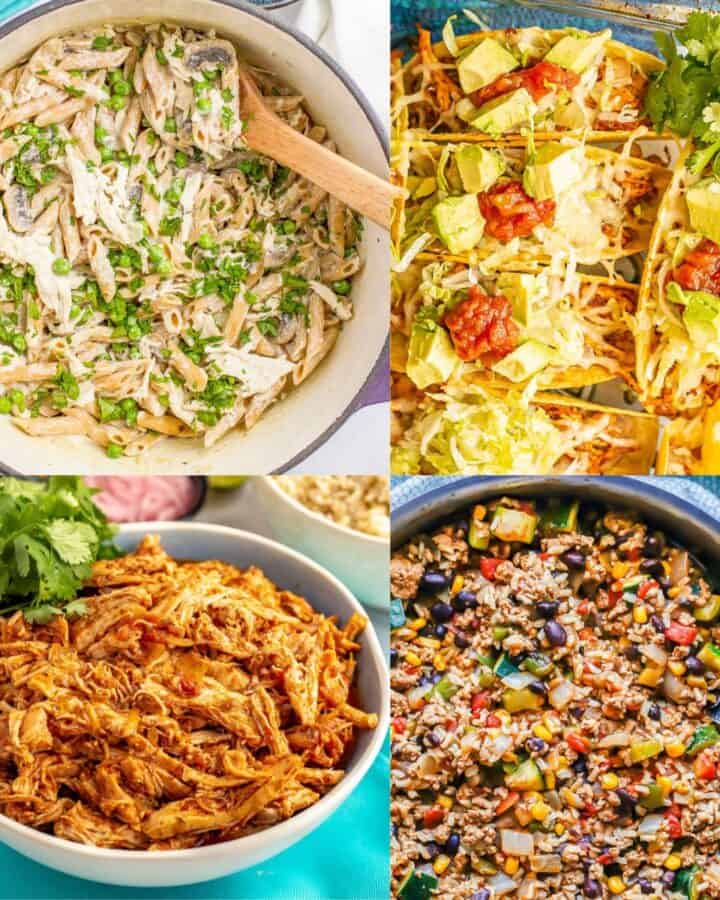 A collage of 4 easy vacation meals photos.