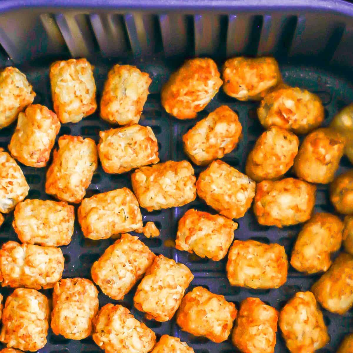 Close up of cooked tater tots in an Air Fryer insert.