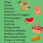 A text list of the best beach snacks on a green background with snack graphics arranged to the side.