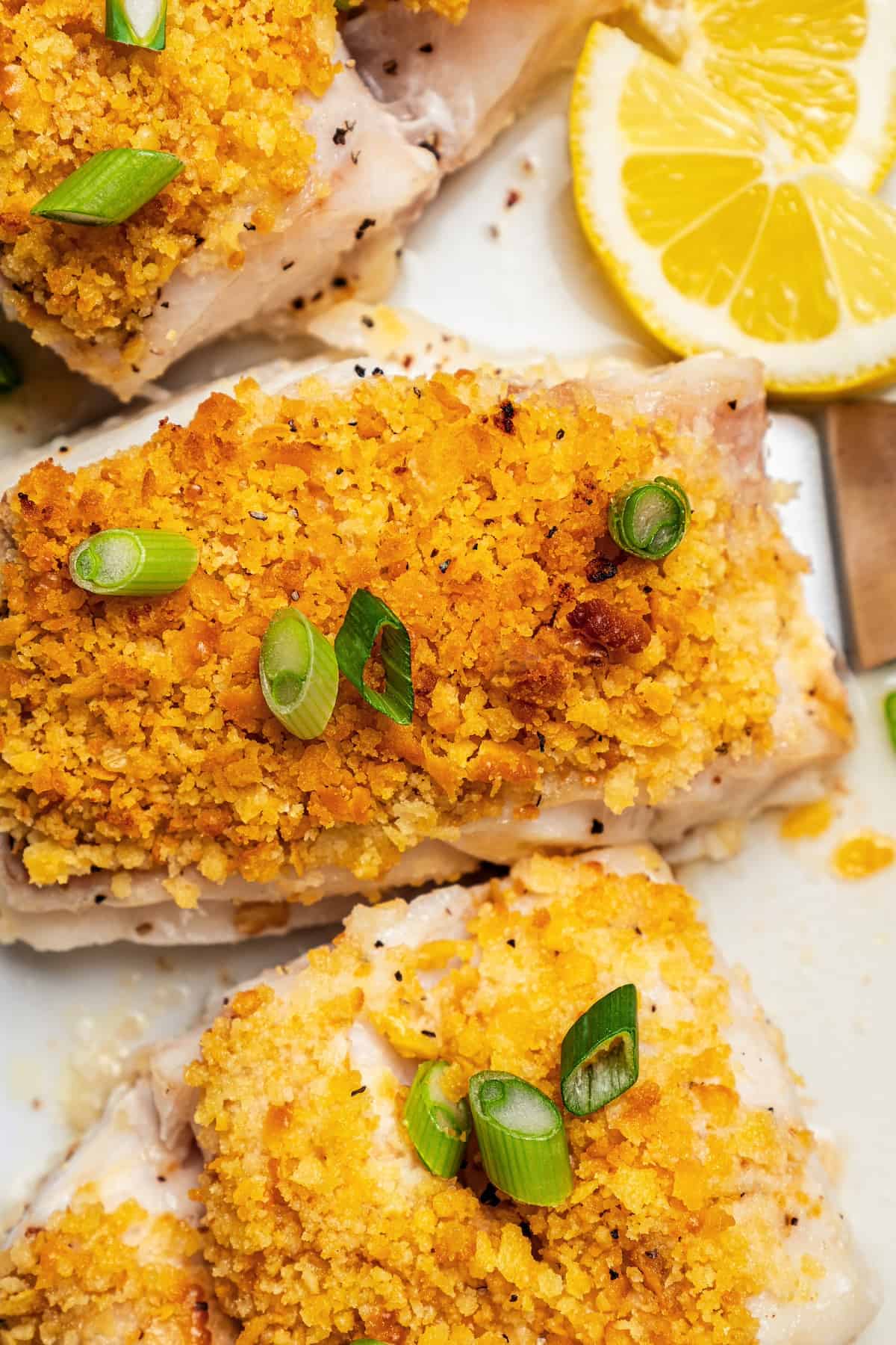 Close up of a crunchy buttery baked cod filets on a serving platter with sliced green onions on top and a lemon wedge to the side.