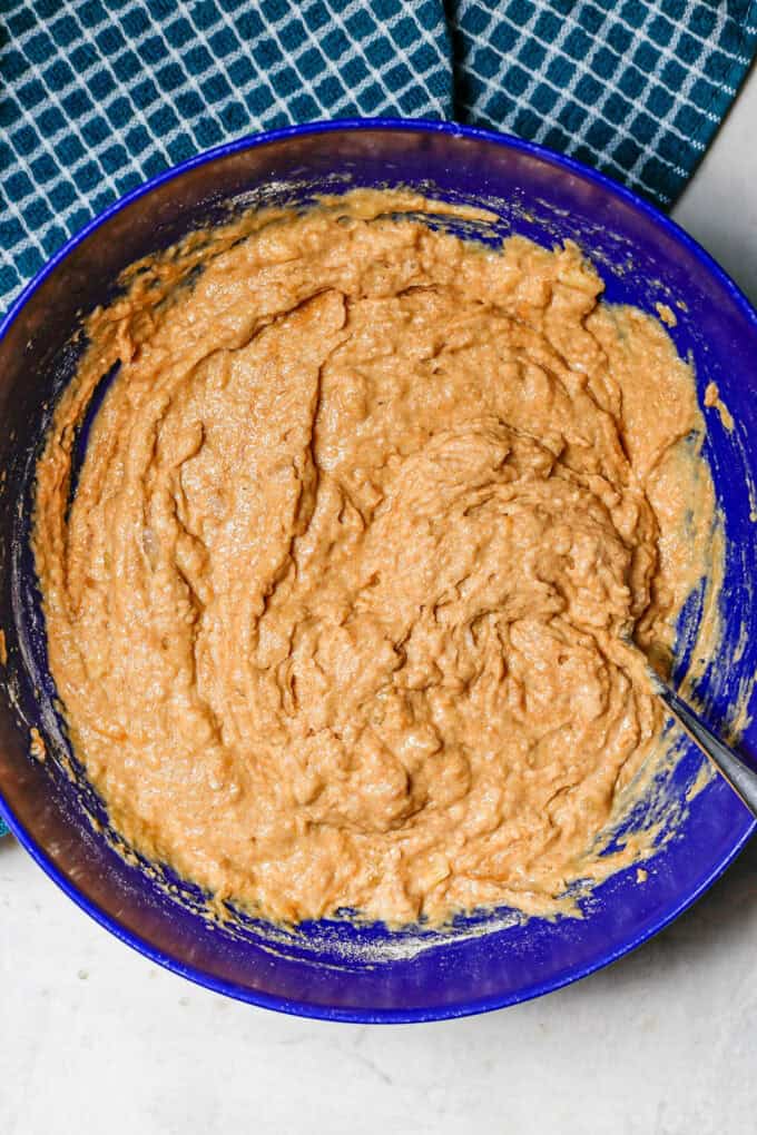 Batter for homemade dog cupcakes in a large bowl bowl.