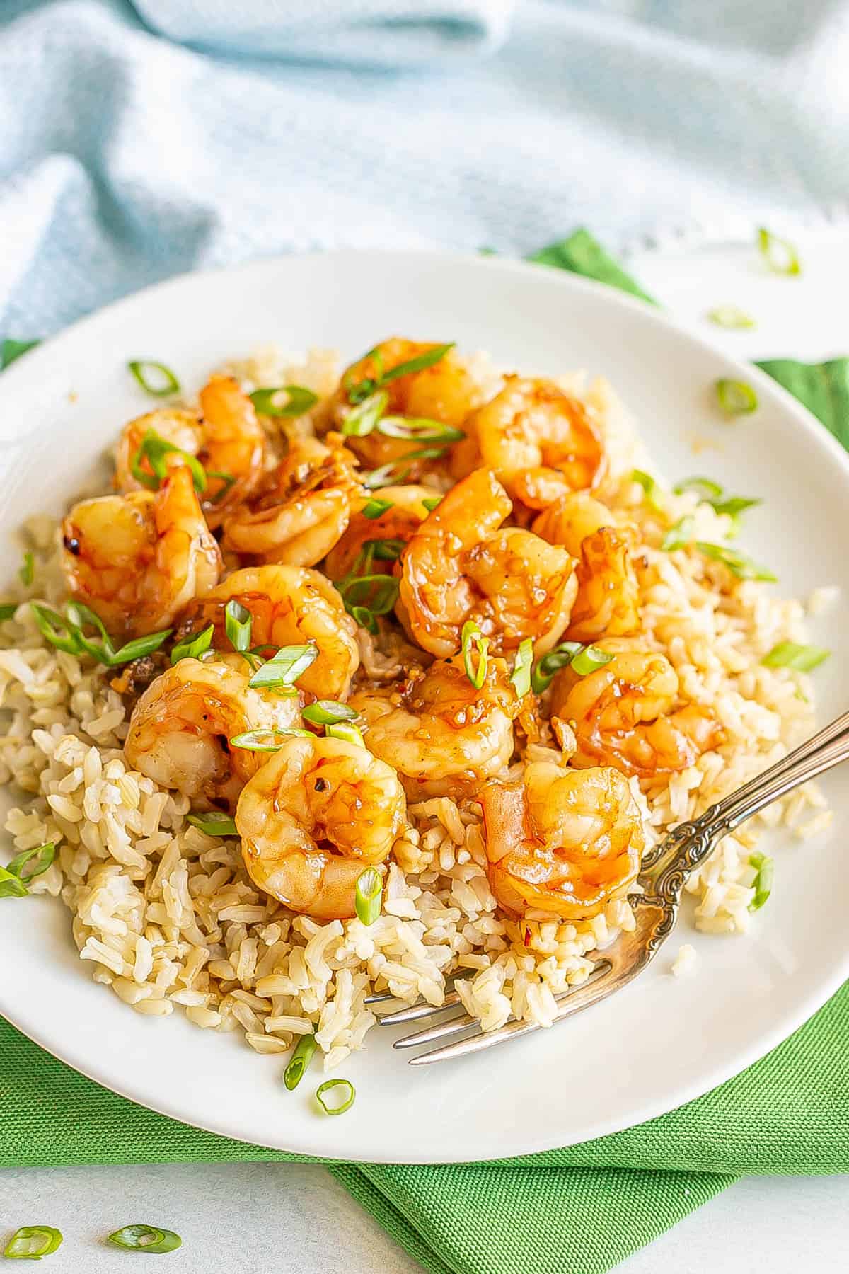 A fork resting on a plate of rice topped with honey garlic sauce.