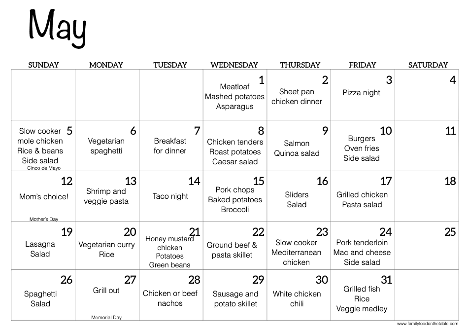 A May calendar with family dinner ideas entered for each day of the week, with Saturdays blank.