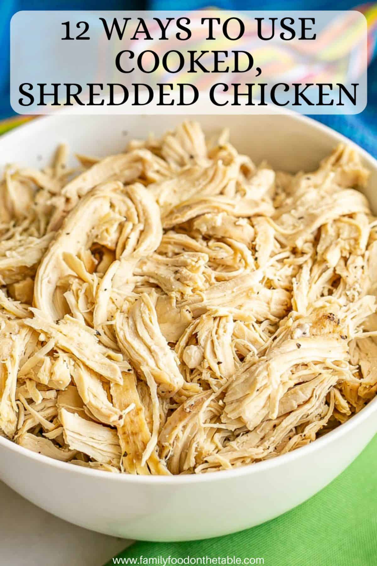 A large white bowl with cooked, shredded chicken and a text overlay on the photo.