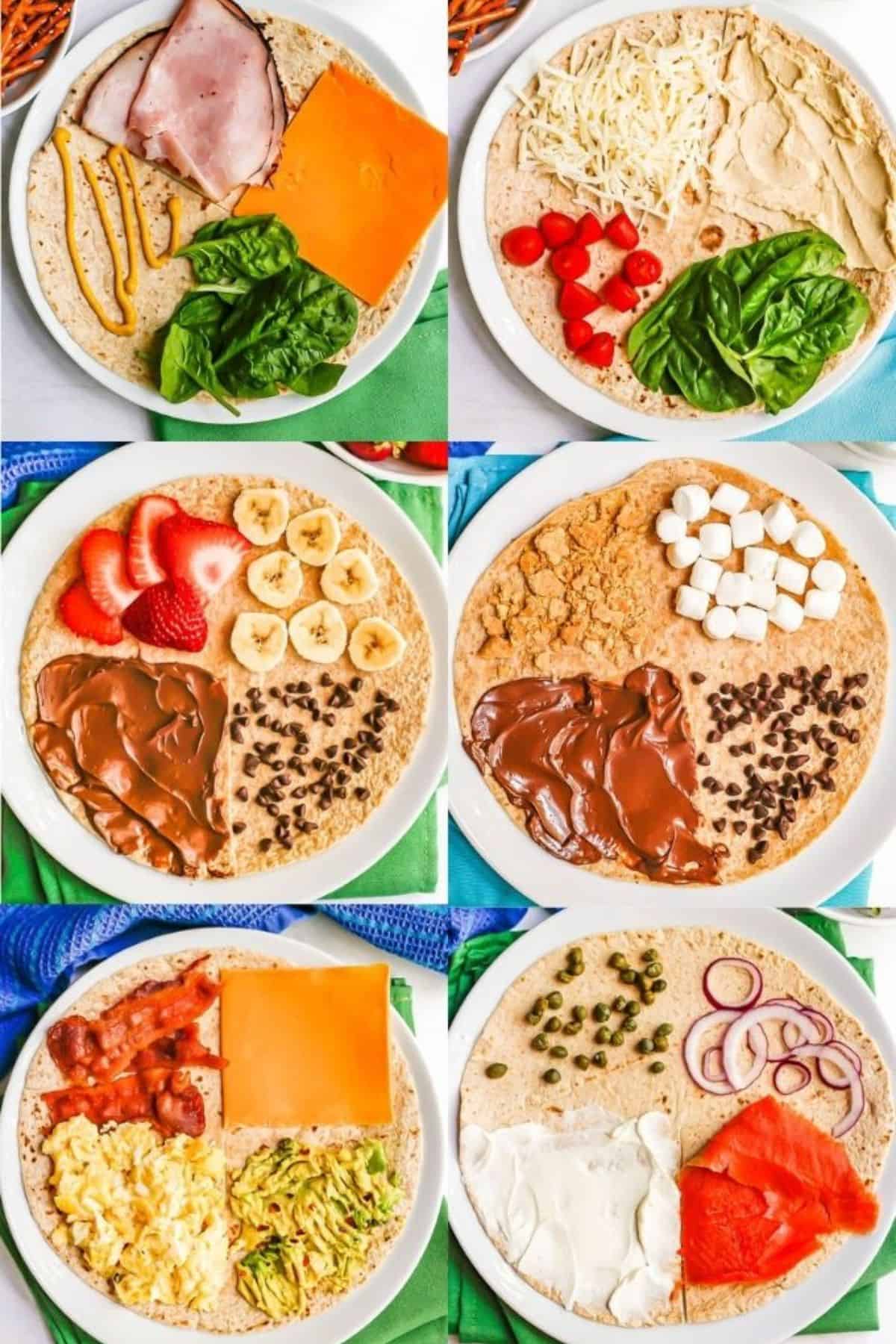 A collage of six different folded wraps for breakfast, lunch and dessert.