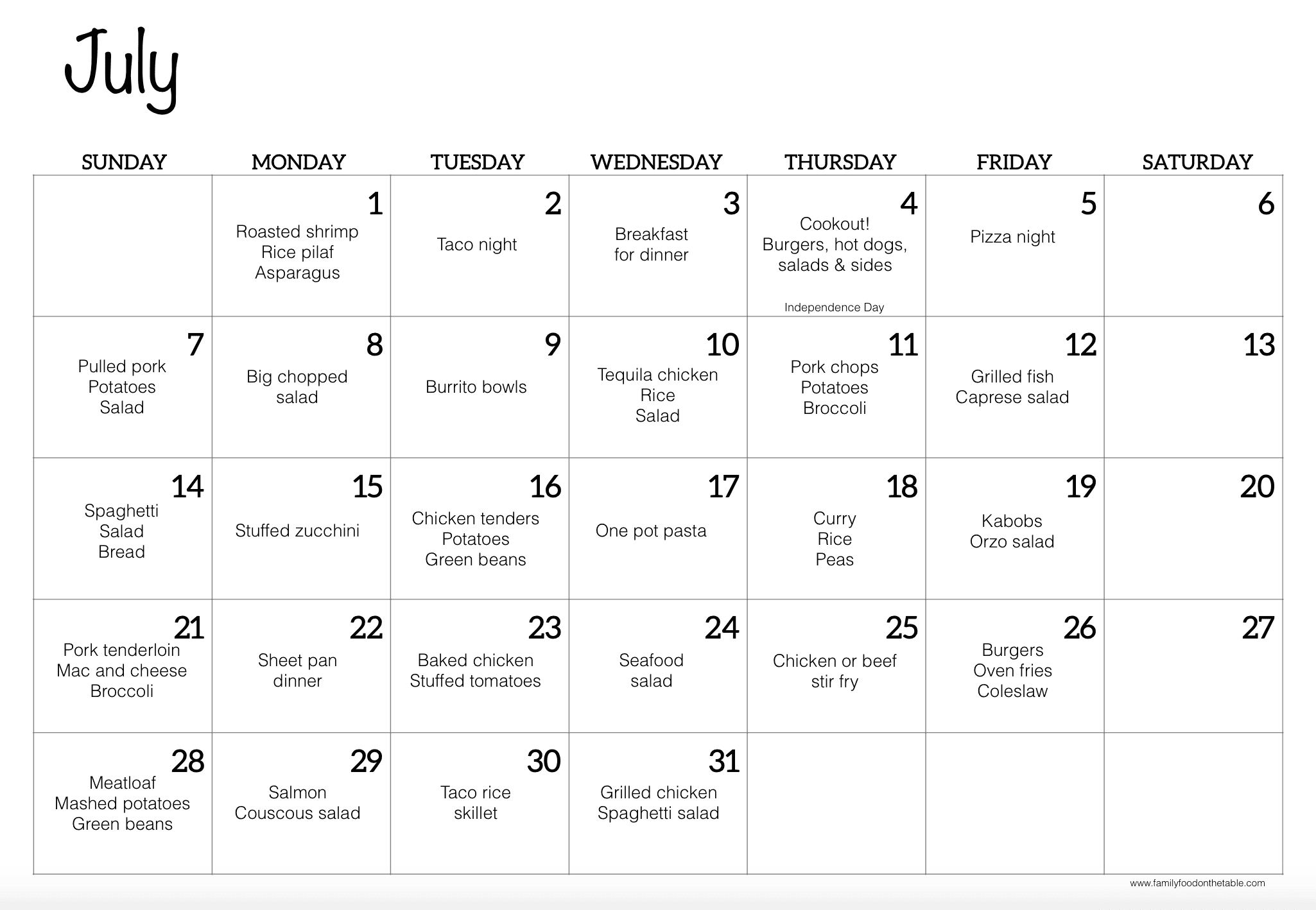 A July calendar with dinner ideas for each day of the week written in.