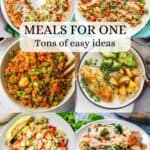 Six photos of different individual meals when cooking for one with a text overlay.